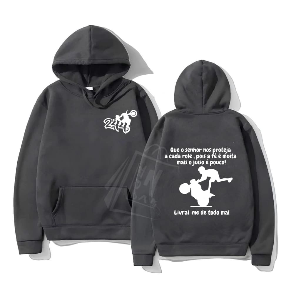Moletom Blusa de Frio 59D Frase 244 Grau Empinando Moto Motoqueiro