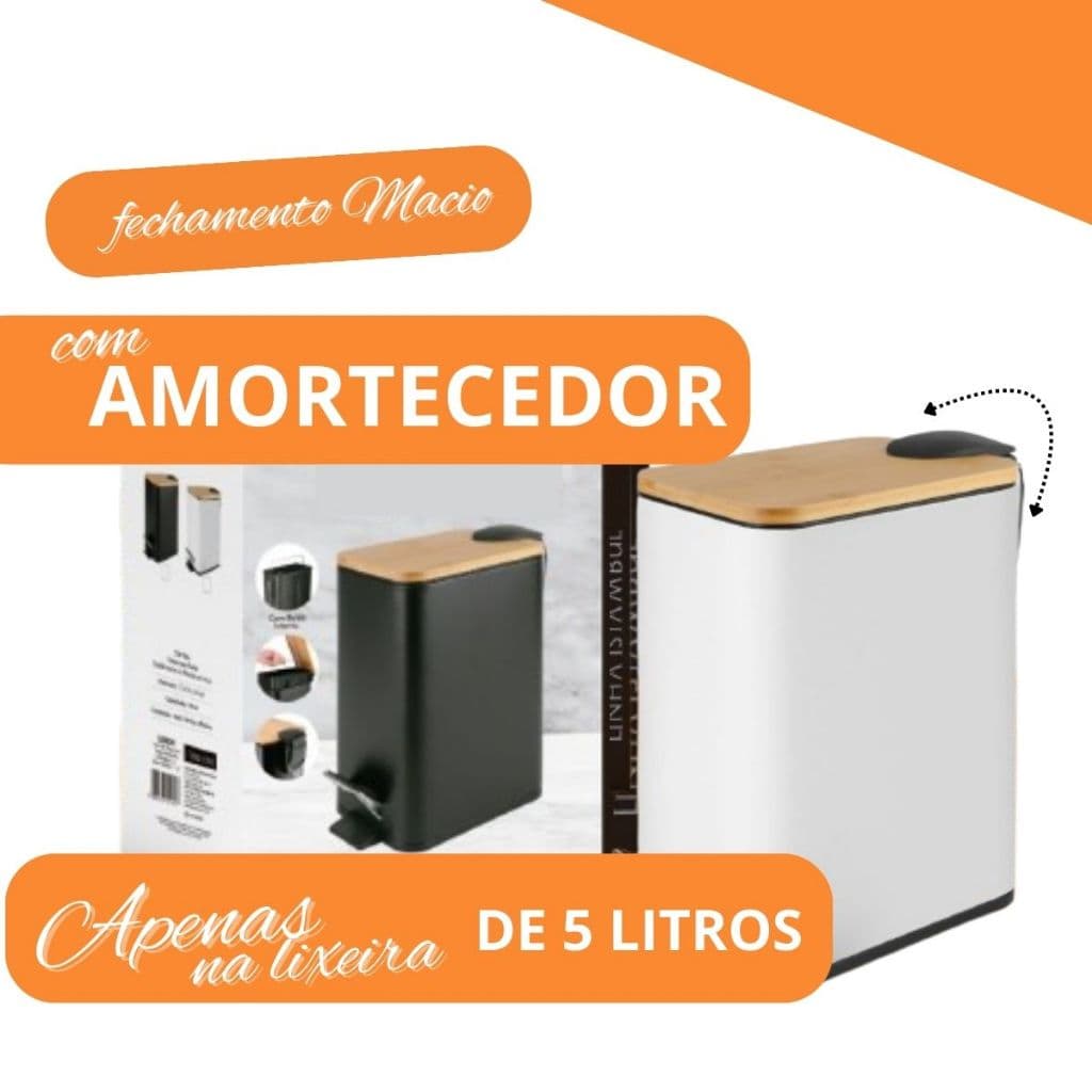 Lixeira com Pedal 5L Slim Branca Preta Metal e Bambu Banheiro com Sistema de Amortecimento