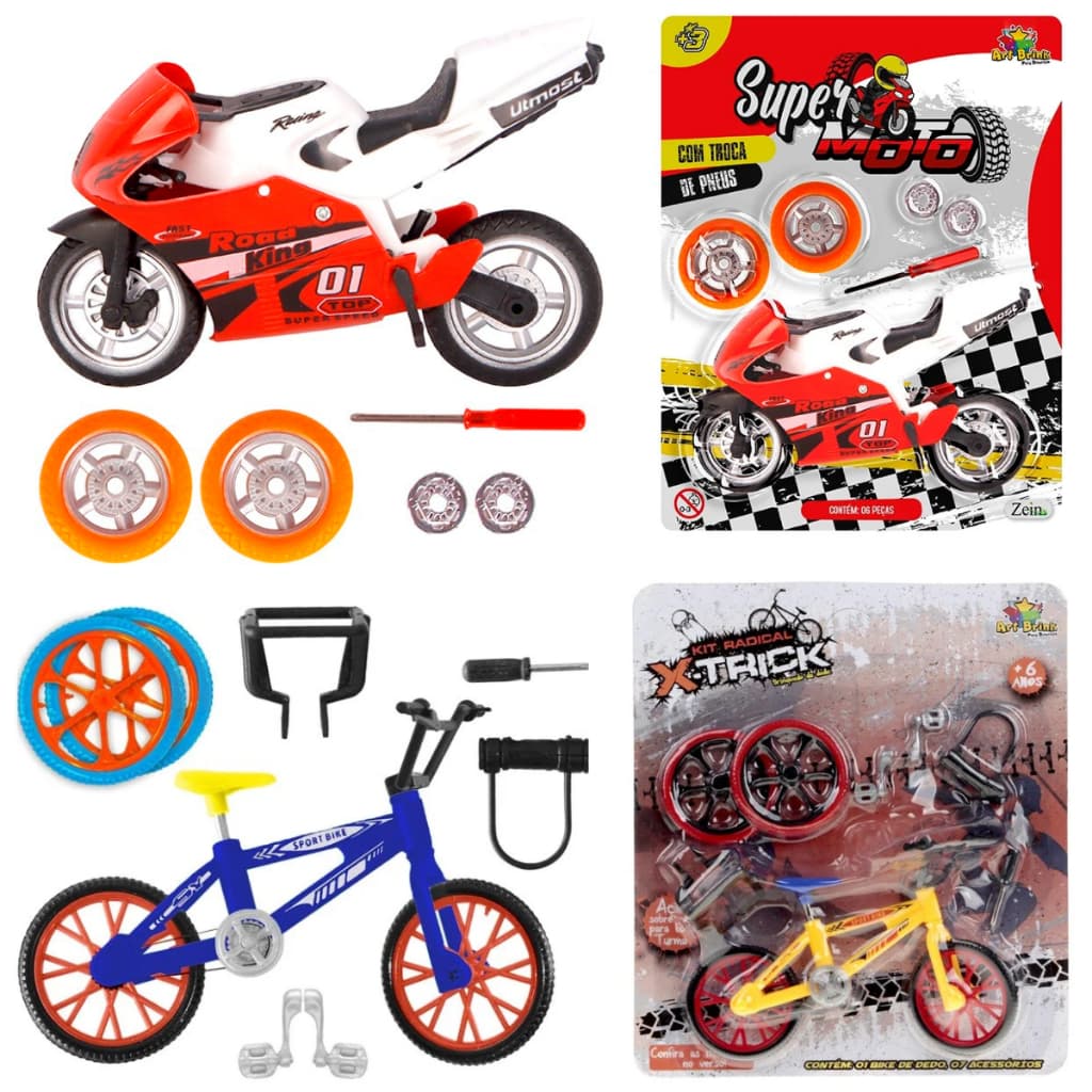 kit moto de corrida + bicicleta dedo bmx brinquedo presente infantil com acessorios