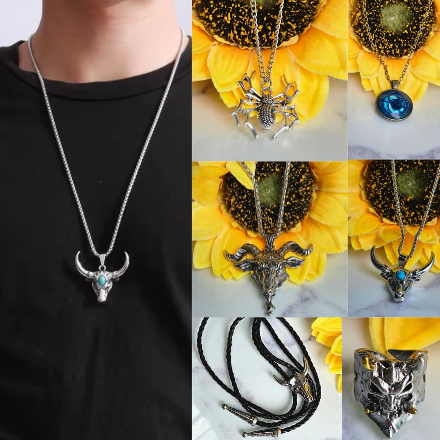 Colar cabeça de cabra anjo satã, colar pingente de touro turquesa, anel gótico prata com detalhes dourados, colar aranha