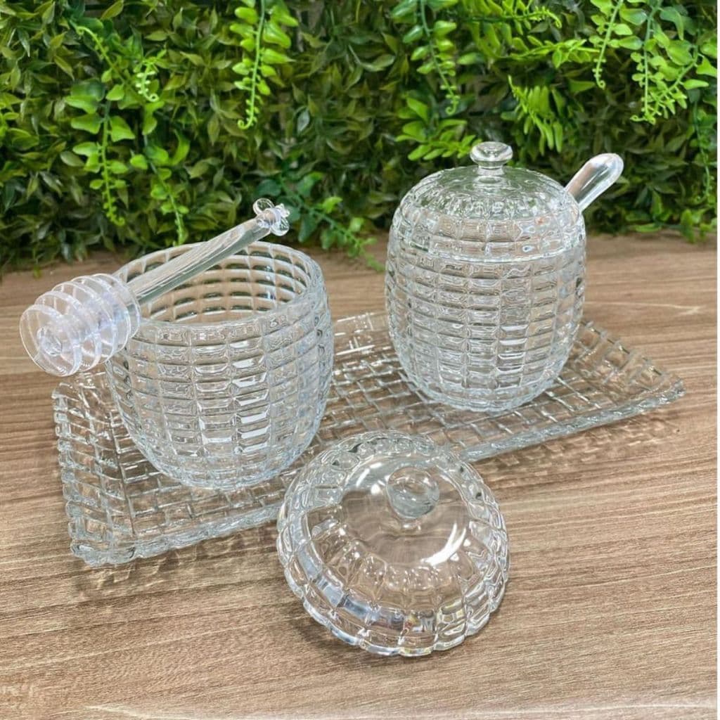 Kit Meleira Açucareiro Colmeia Com Pegador E Colher Cristal Mesa Posta Cantinho Do Café Luxo Cozinha