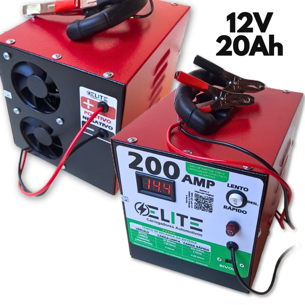 Carregador de Bateria Automotivo 12V 20Ah Elite - Baterias até 200AMP Bivolt com Voltímetro Digital