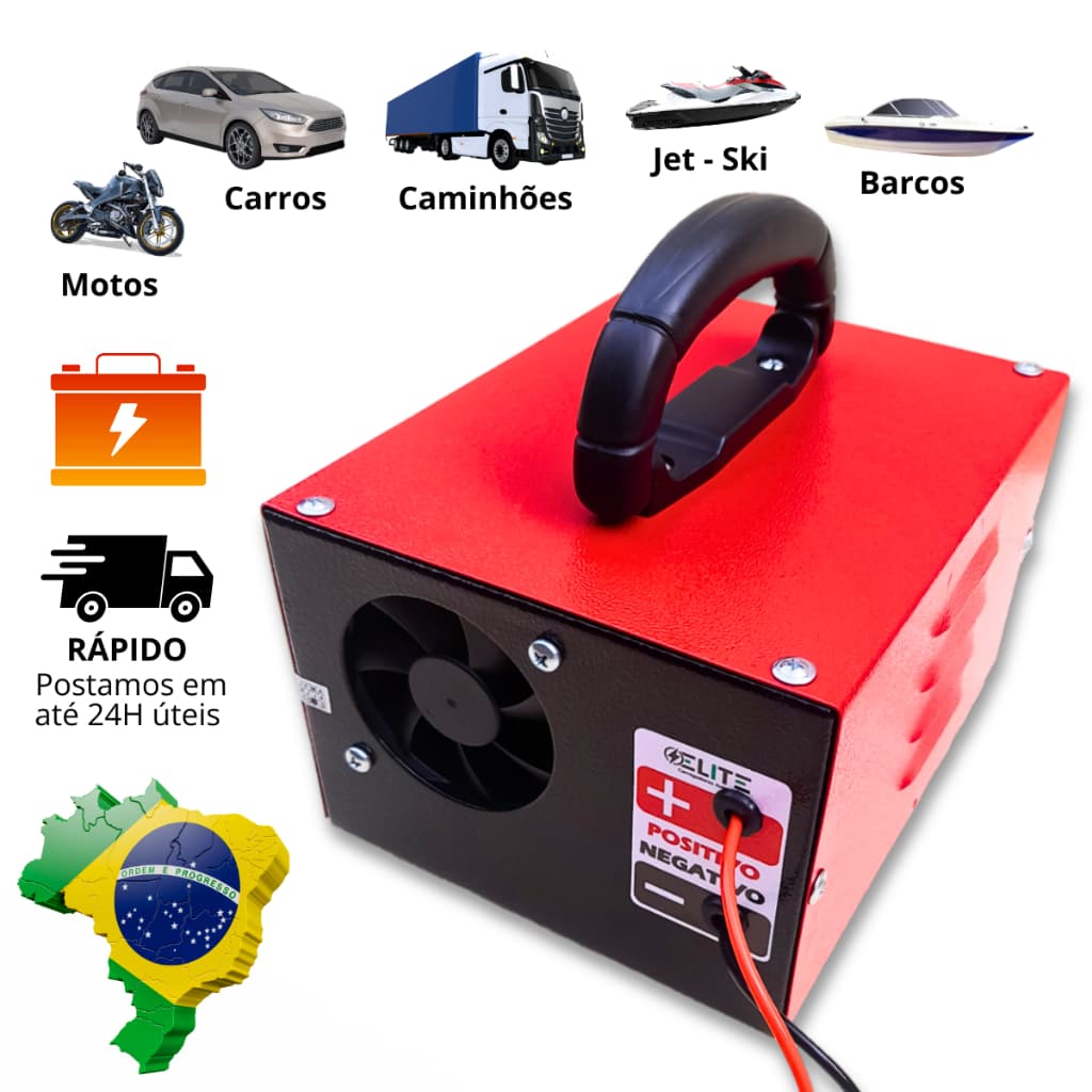 Carregador Automotivo 12V 5Ah Carga Lenta e Rápida, Bivolt, Universal Carros Motos JetSki Barcos