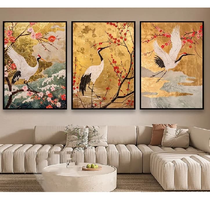 Quadros decorativos Estilo chinês Golden Mountain Pine Tree Crane (3 peças)