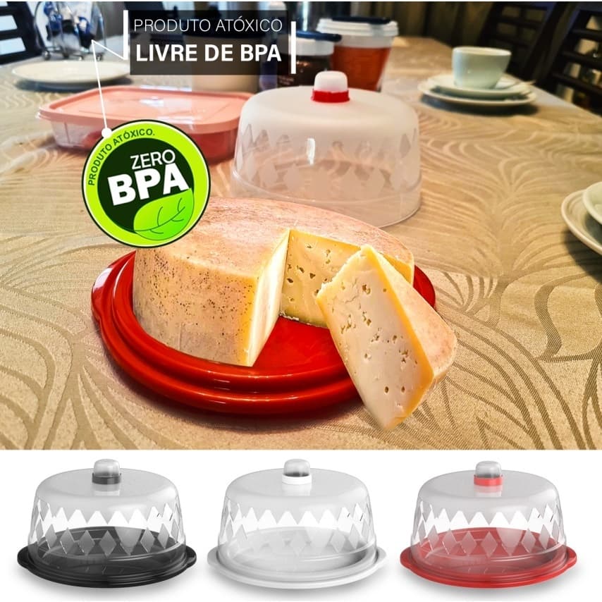 Queijeira Porta Queijo com Tampa Transparente e Prato Plástico  para Cozinha