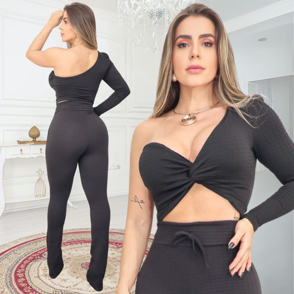 Conjunto Cropped Ombro Só Calça Flare Tecido Bubble Festas Eventos Social Presente de Natal Promoção