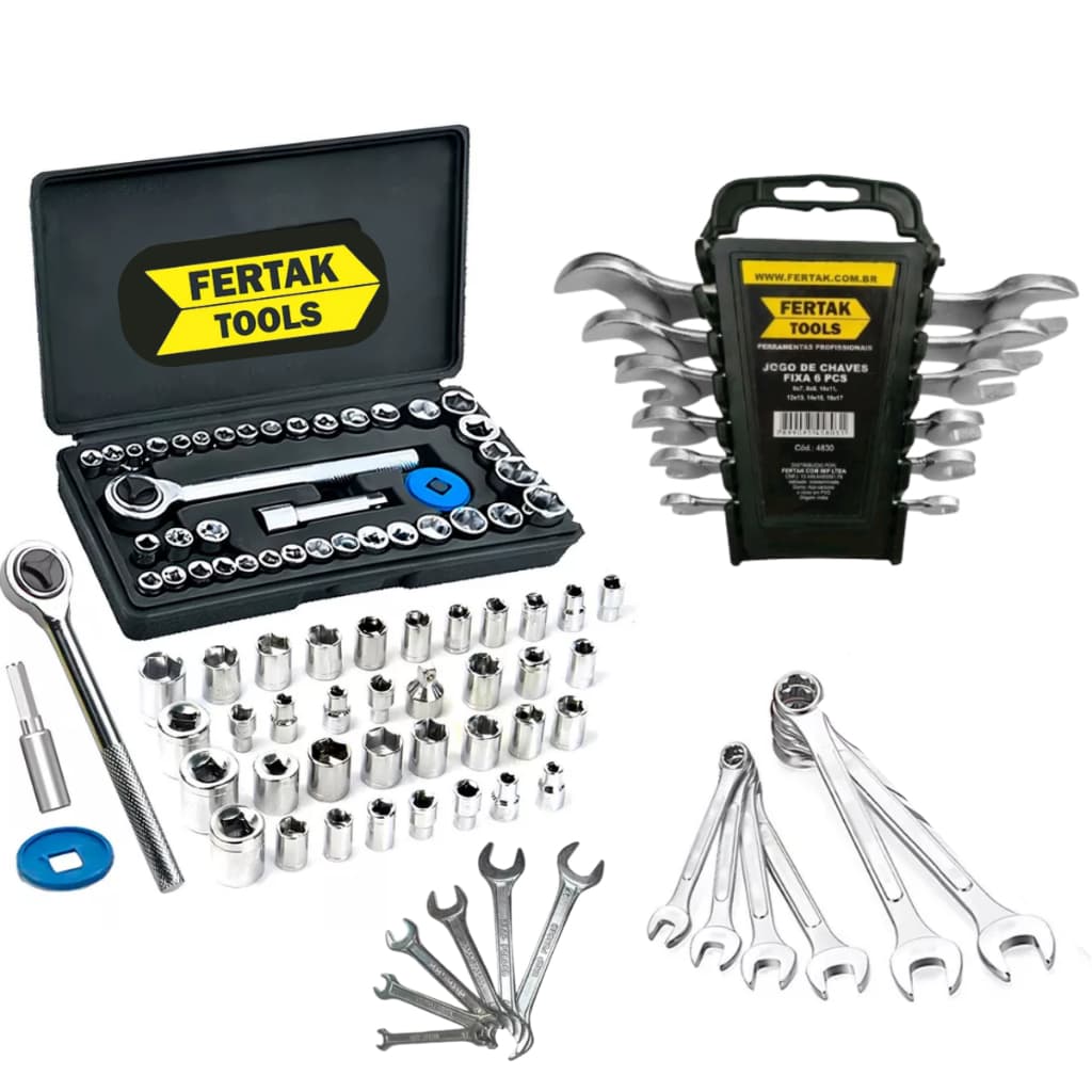 Kit Jogo De Ferramentas 46 Peças Chave  Fixa 6 peças e Jogo 40 peças Soquetes Catraca