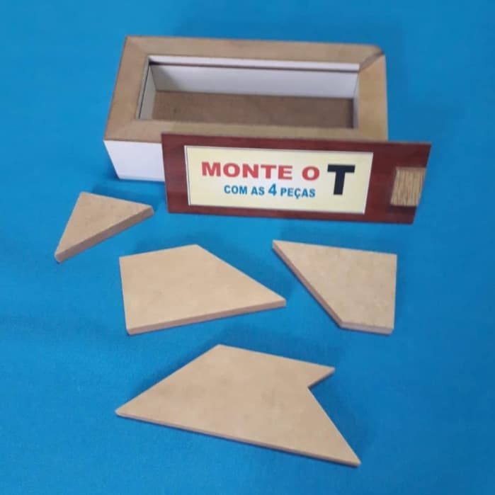 Quebra cabeça monte a letra T, tangram, desafio, raciocínio.