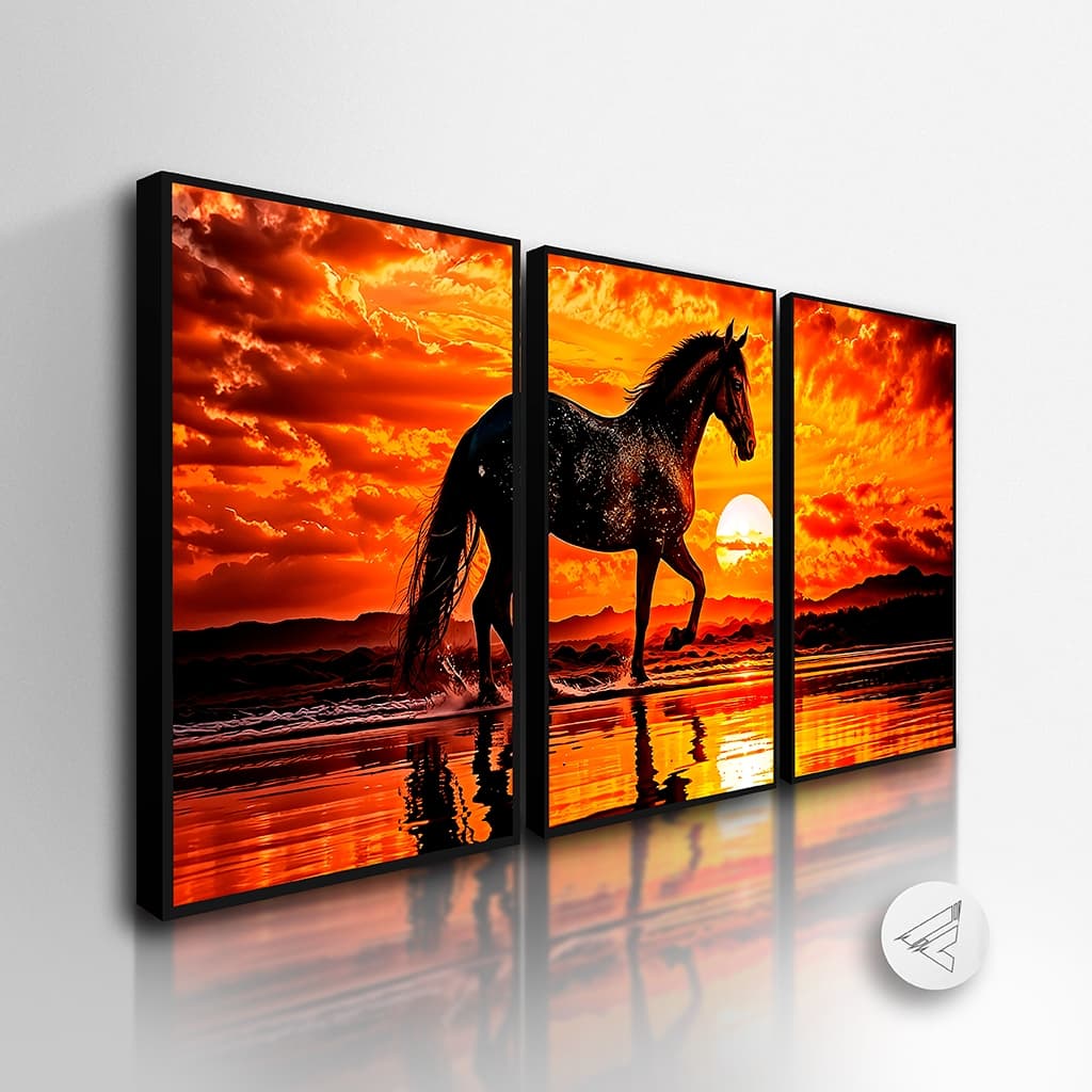 Kit 3 Quadros decorativos Cavalo no por do sol, Quarto, Sala All