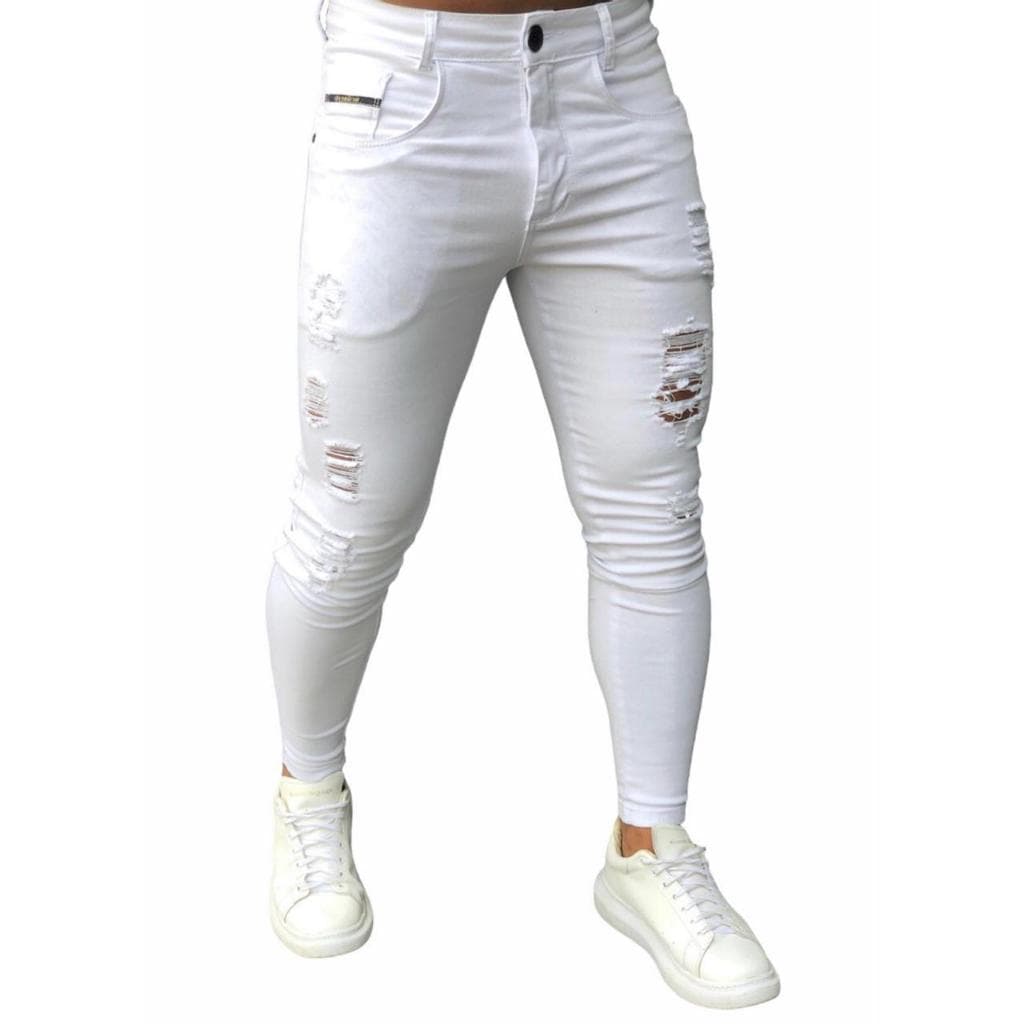 Calça Skinny Branca Destroyed Rasgada Masculina Premium Streetwear Super Skinny Justinha ao Corpo