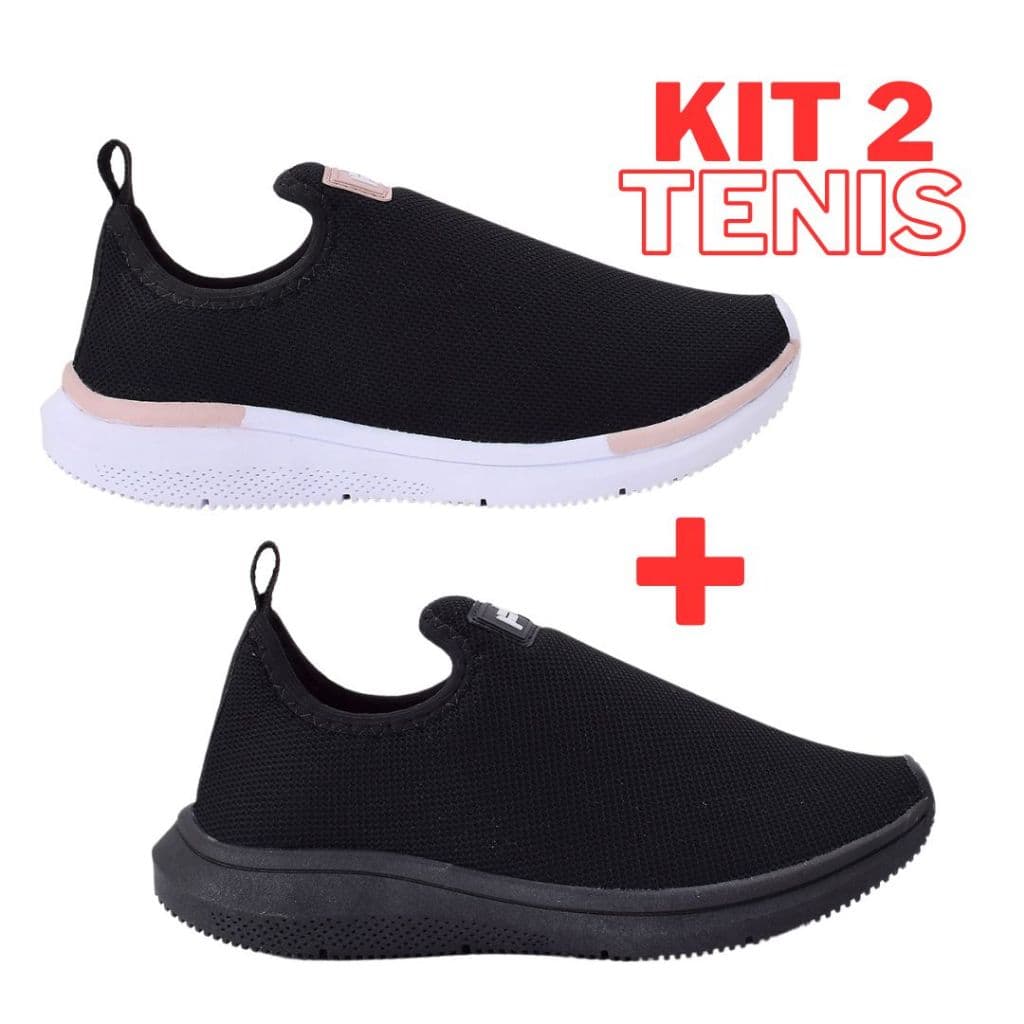 KIT 2 Tênis Meia Feminino Preto Slip-On Estiloso e Confortável - Ideal para Caminhadas e Academia