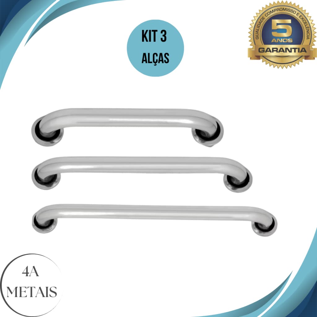 Kit 3 Barras De Apoio Alumínio Alça Suporte Banheiro Segurança Proteção Idosos Pessoas com Deficiência 60cm 50cm 40cm