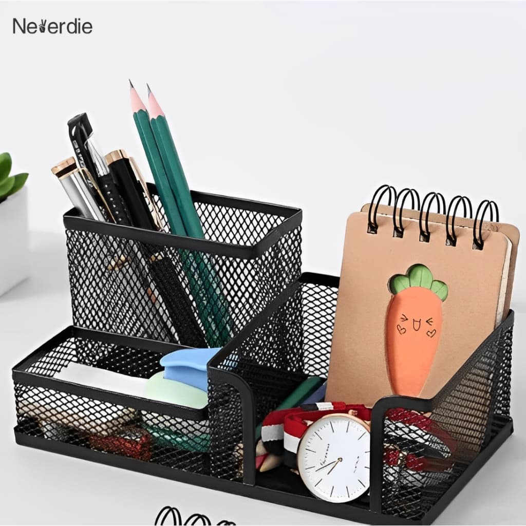 Organizador de Mesa Metal Aramado Para Escritório 3 Divisões Porta Lapís Caneta Clips