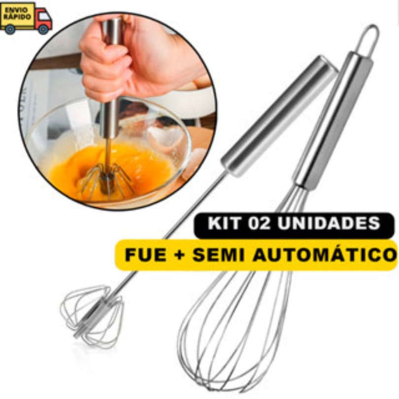 Kit Fue Batedor De Ovos + Batedor Semi Automático Inox De Massas Bolos Para Confeitaria