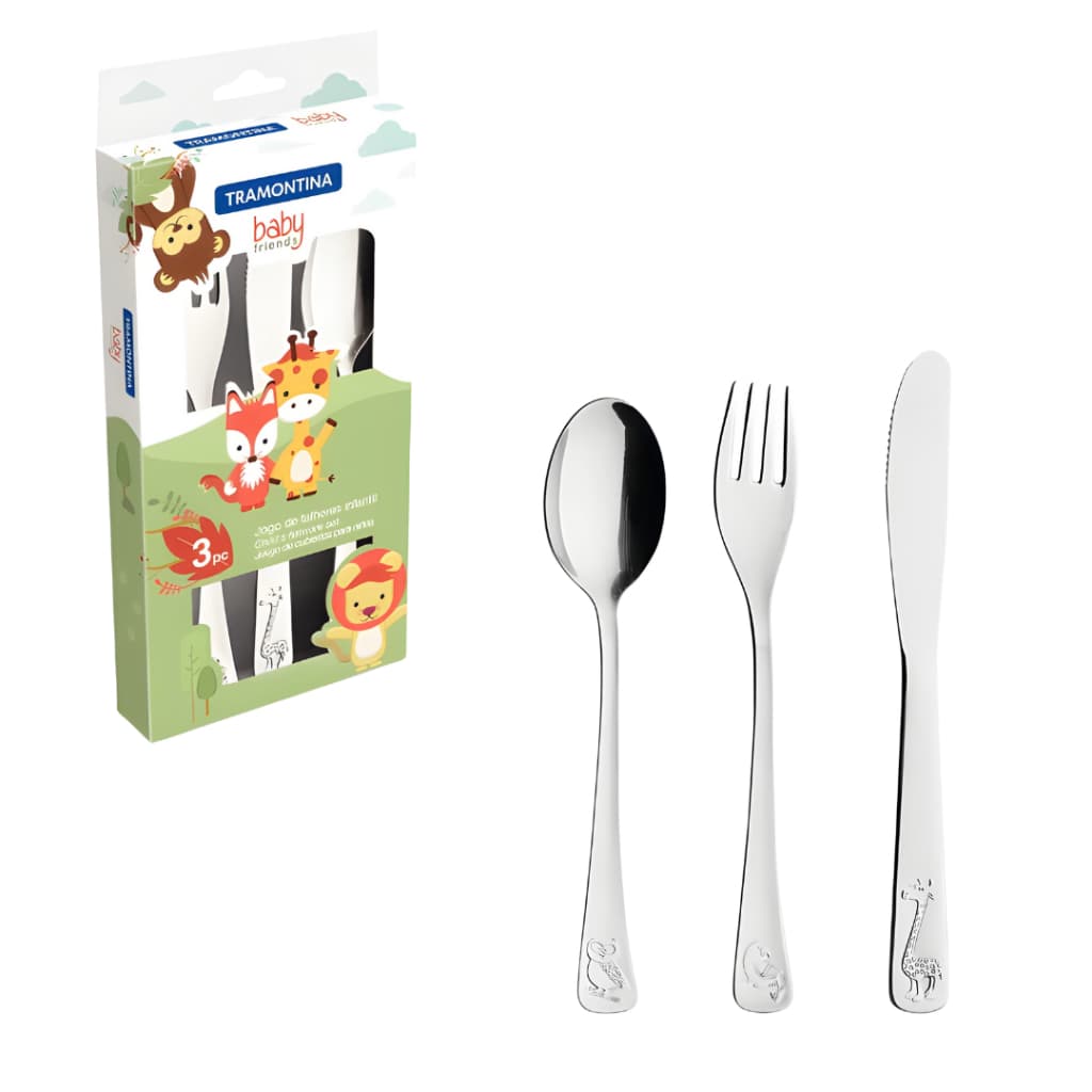 Jogo de Talheres Infantil Tramontina Baby Friends Inox Acabamento Brilho com Desenho em Alto Relevo 3 Peças lindo