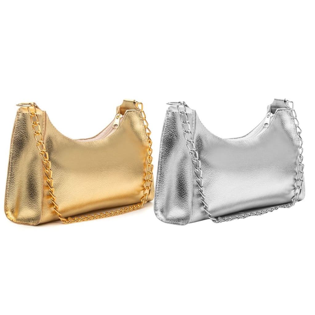 Bolsa Feminina kit 2 Baguete Metalizada Corrente Ombro Mão Elegante Estilo Casual Festa Pequen Media
