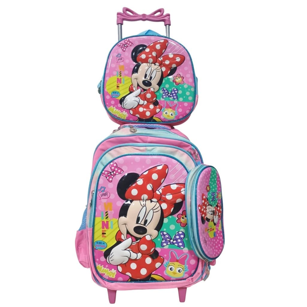 Kit Mochila Infantil Minnie  Escolar 3Pçs  Com Rodinhas.