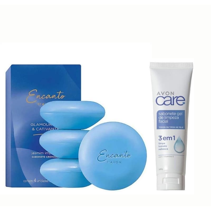 Caixa de sabonetes encanto 4x80g e sabonete facial avon care 100g