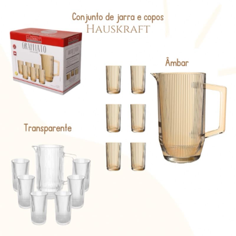 Conjunto de Jarra 1,2 Litros + 6 Copos 420ML De Vidro Transparente ou Âmbar Luxo Graffiato