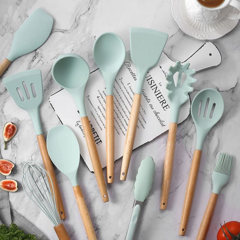 12 Pcs Silicone Cabo Madeira Decoração Utensílios De Cozinha Colheres Espatula