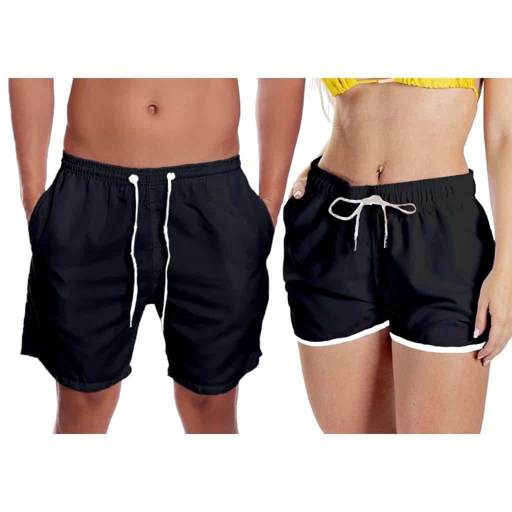 Kit casal short mozão moda praia preto e branco liso  conjunto bermuda.