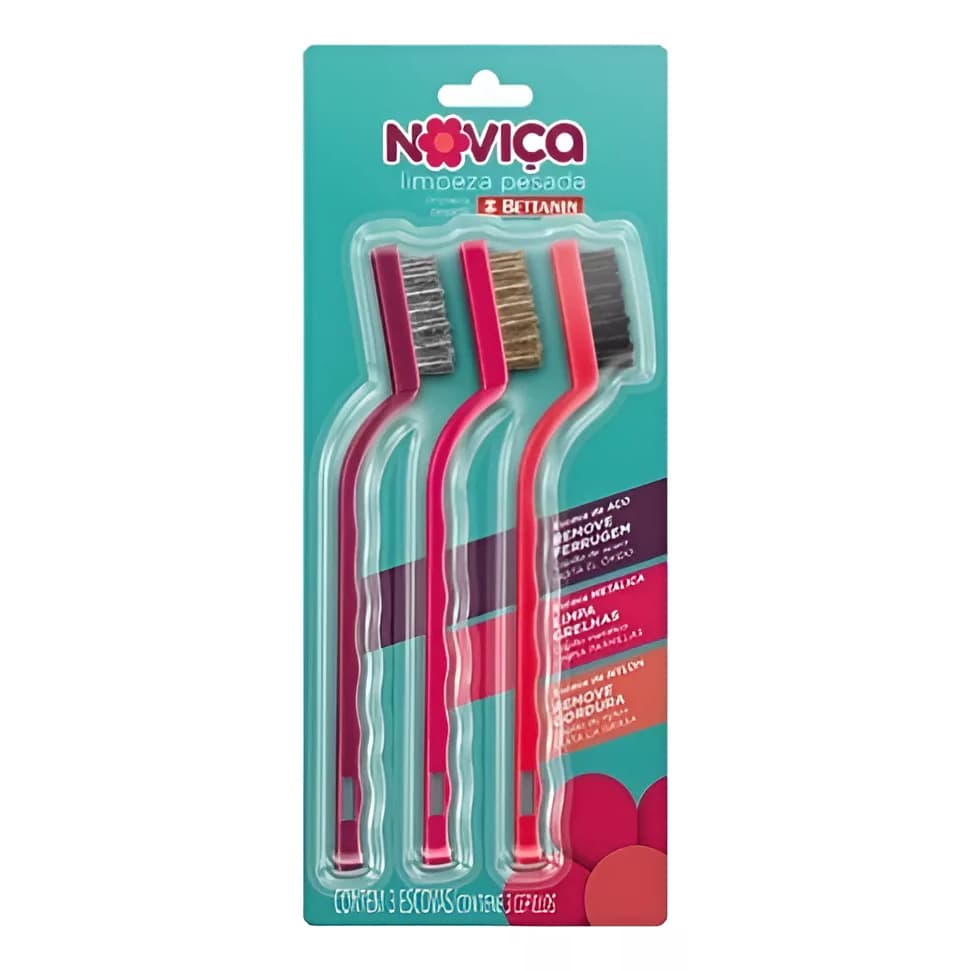 Kit 3 Escovas Limpeza Pesada Noviça Bettanin Aço Metálica Nylon Remove Ferrugem Gordura Grelha