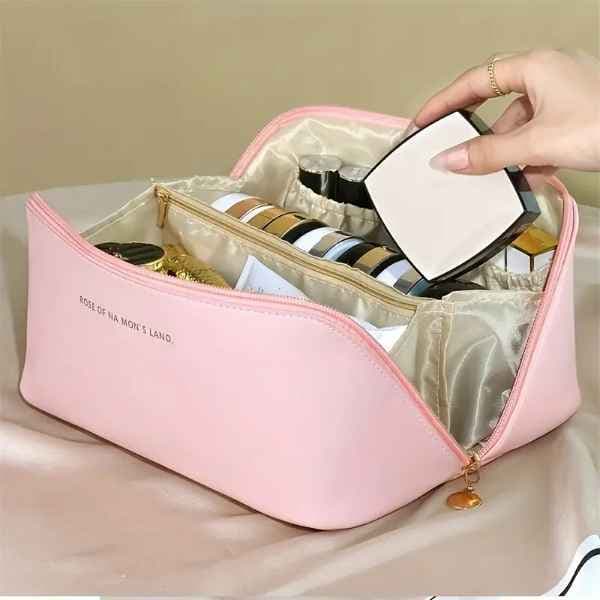 Grande Bolsa de Cosméticos ROSA de Viagem, Organizador de Maquiagem de Couro Sintético com Divisórias e Alça