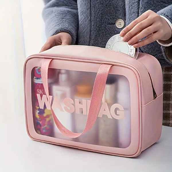 Bolsa de Maquiagem Transparente ROSA à Prova d'Água de Grande Capacidade com Alça de Ombro - Organizador de Viagem