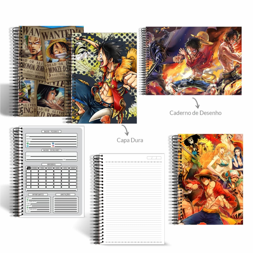 Kit 9 Cadernos Escolares A4 One Piece 72 folhas Pautadas Capa Dura 2025