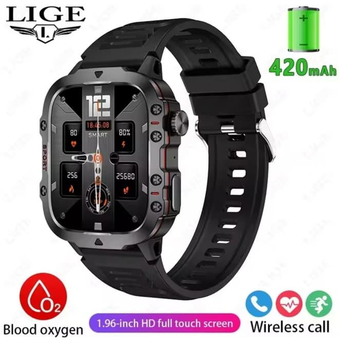 Smartwatch QX11 Impermeável Tela 1,96" Relógio Esportivo Militar Chamada Bluetooth, Assistente de Voz, 420mAh