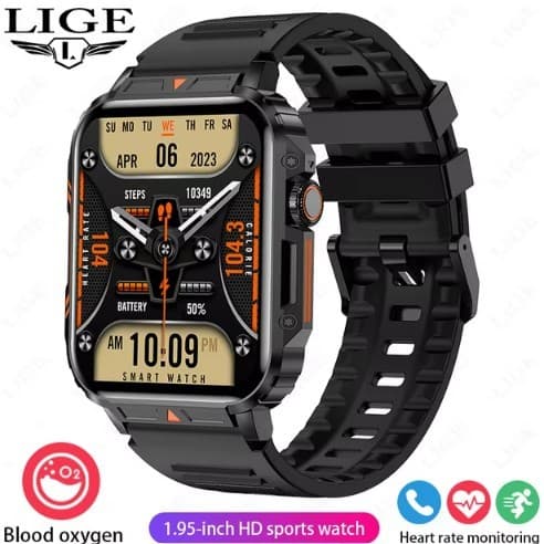Relogio Inteligente LIGE Outdoor, 1.95 Polegada, Tela IPS, Monitoramento de Saúde, IP68, Impermeável, Esporte, Fitness