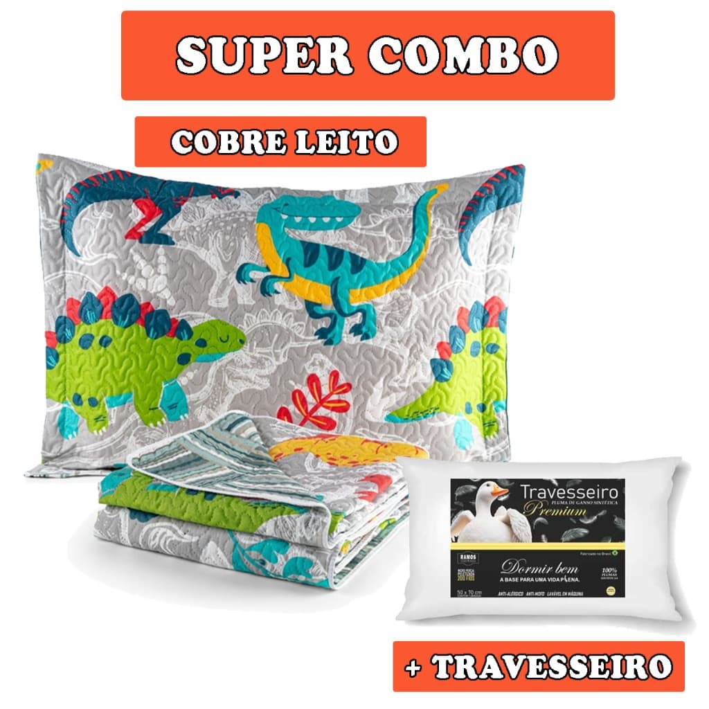Kit Cobre Leito Colcha Solteiro Infantil + Travesseiro Antialérgico Macio Grande