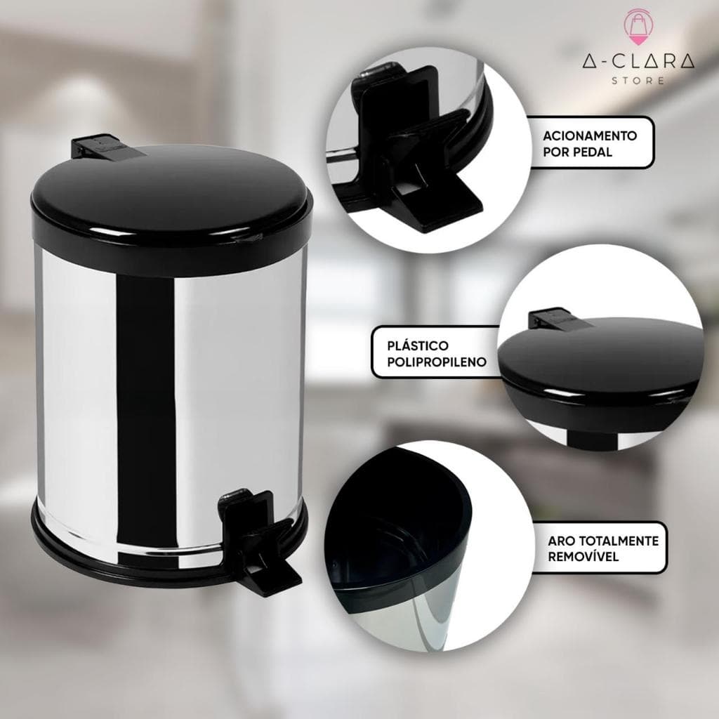 Lixeira Inox 12 Litros Cozinha Banheiro Cesto de Lixo com Tampa e Pedal Escritório 12L