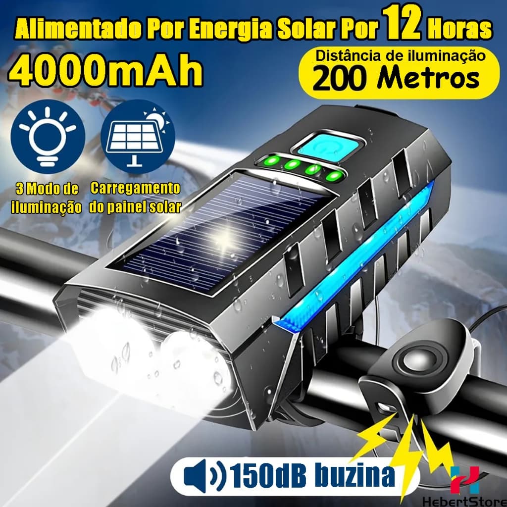 Lanterna Bike Solar Com Buzina E Power Bank 12h Recarregável À Prova D'Água Farol Para Bicicleta
