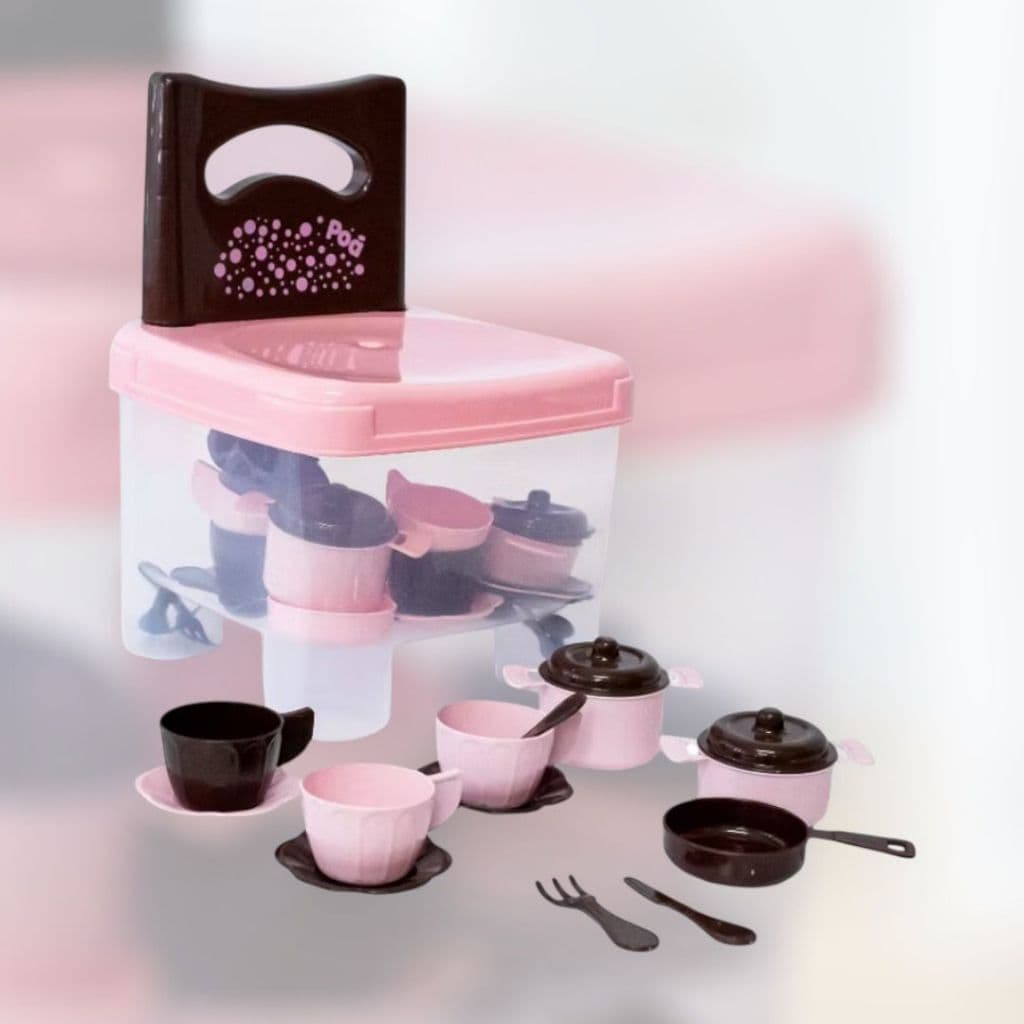 Cadeira Cadeirinha com 25 Peças de Cozinha Panelinhas Infantil Crianças Meninas Baú Brinquedo Diversão