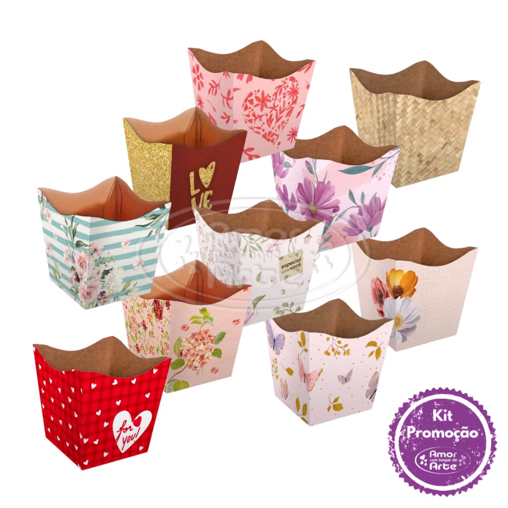 Kit 10 Cachepots Papel Decorado Sortidos, Pote 11/12, Floral Atlanta.