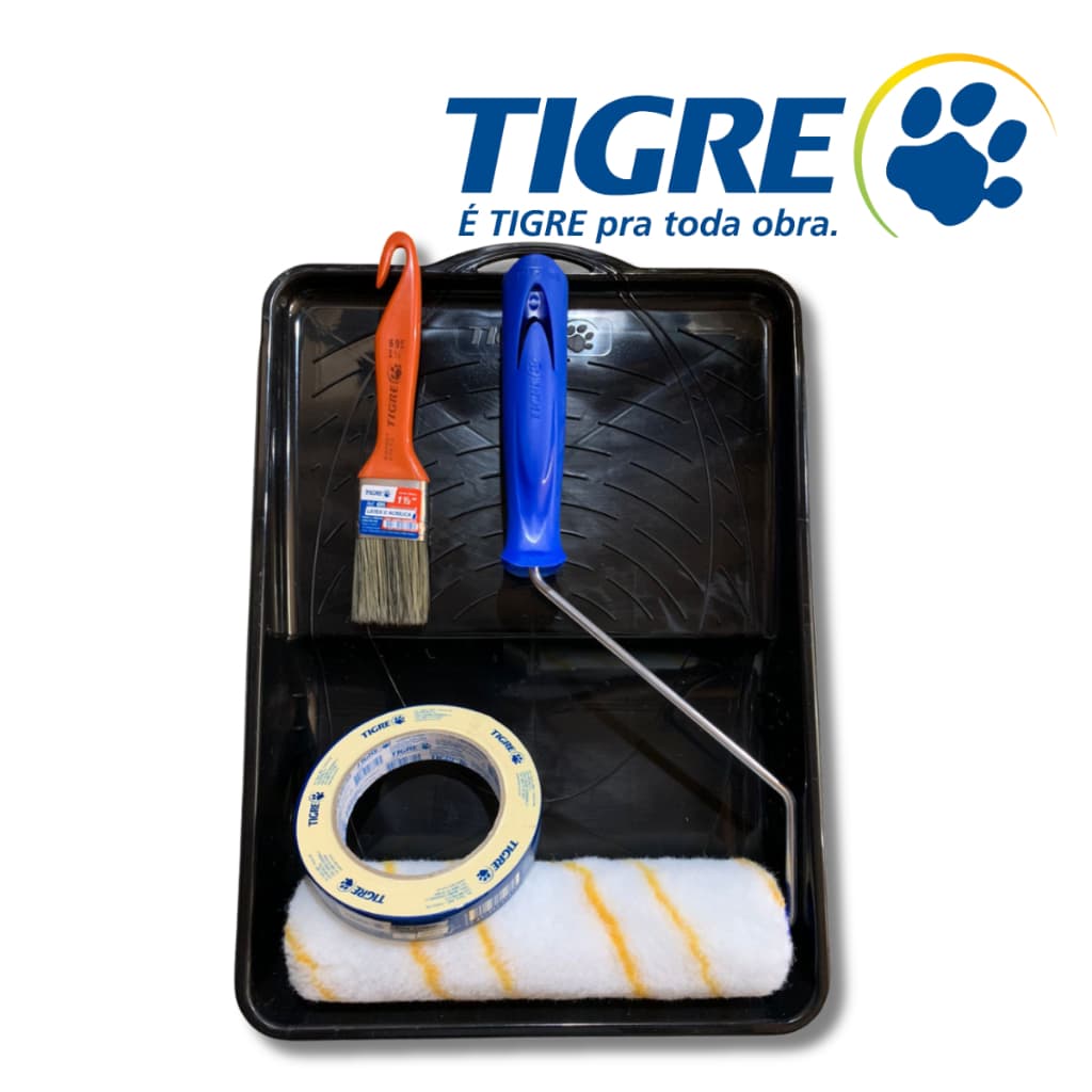 Kit Pintura de Parede Rolo Anti Respingo Tigre 5 Peças Rolo Antigota Pincel 1.1/2 + Fita Crepe Média