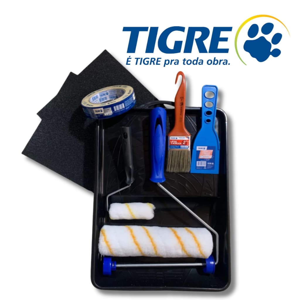 Kit Pintura Completo 10Pçs Rolo Antirrespingo Bandeja Lixa Pincel Lona Fita Crepe Espatula Rolinho