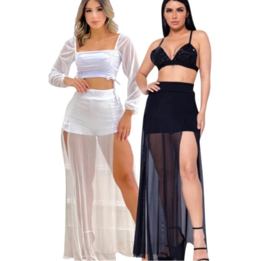 Saia Feminina de Tule Transparente com Shortinho Embutido e Fendas - Versátil para Balada, Praia e Réveillon