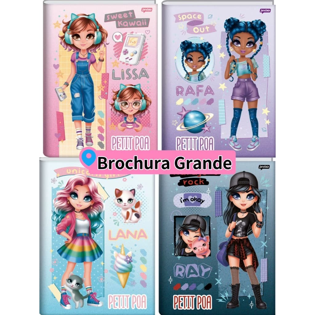 Caderno brochura  GRANDE Petit Poa Capa Dura Universitario Infantil Menina 80 folhas Jandaia.(A)