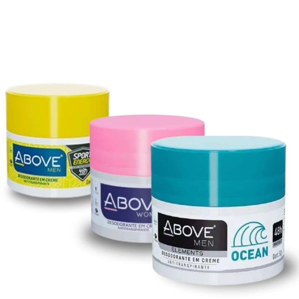 Desodorante em Creme, Above Women Candy, Sport Energy e Ocean  Antitranspirante 48h- kit com 3 unidades 150g