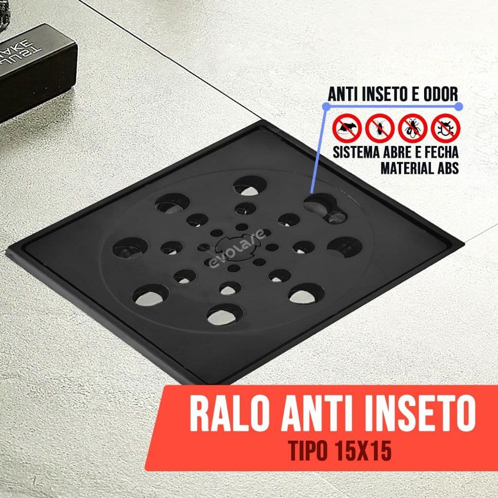 Ralo Quadrado 15x15 Preto Abre e Fecha - Bloqueia Odores e Insetos