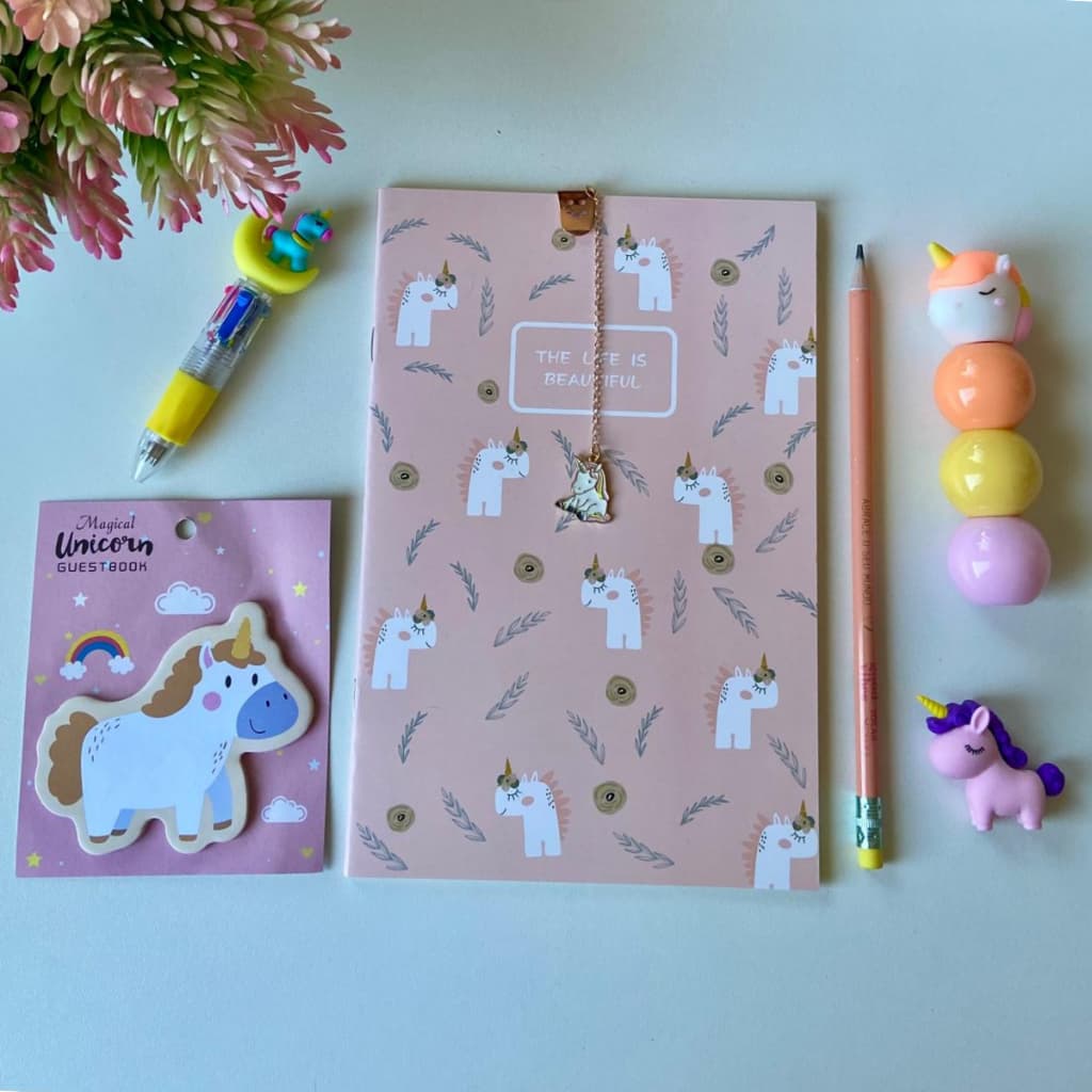 Kit papelaria unicórnio - 7 peças