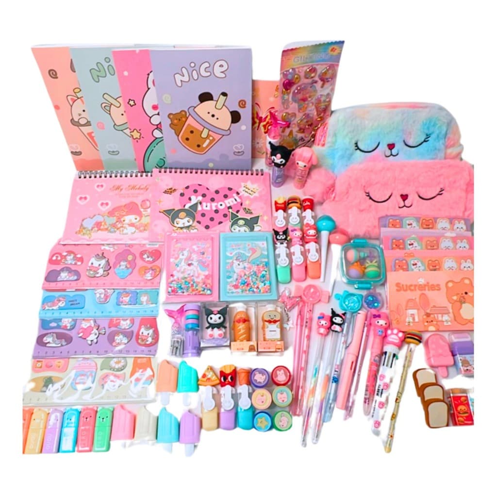 Kit 25 Itens Papelaria Fofa Kawaii Caixa Presente Criativo Material Escolar