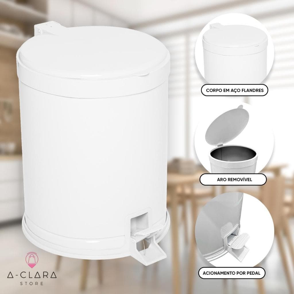 Lixeira Cesto De Lixo metal com Pedal Cozinha Banheiro 12 Litros Cor Branco