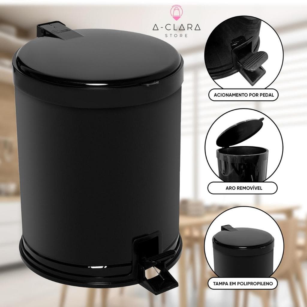 Lixeira Banheiro Cozinha Metal Com Pedal 12L Preto