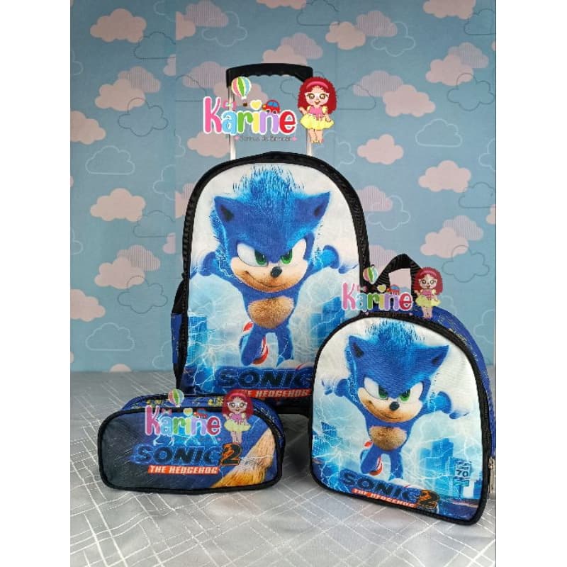 KIT MOCHILA ESCOLAR INFANTIL SONIC COM RODINHAS/ MOCHILA + LANCHEIRA TÉRMICA + ESTOJO/ MOCHILA PARA MENINO/2025