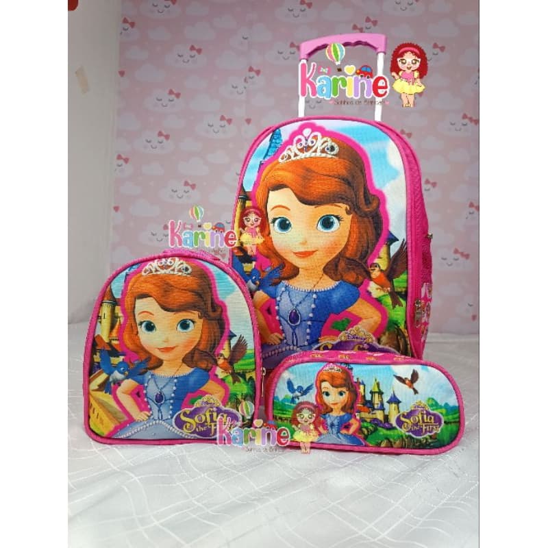KIT MOCHILA ESCOLAR INFANTIL PRINCESA SOFIA COM RODINHAS/ MOCHILA + LANCHEIRA TÉRMICA + ESTOJO/ MOCHILA PARA MENINA/2026