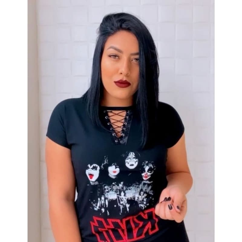 Blusa femenina de rock KISS T-shirt de cordinha, manga japonesa, viscolycra Premium