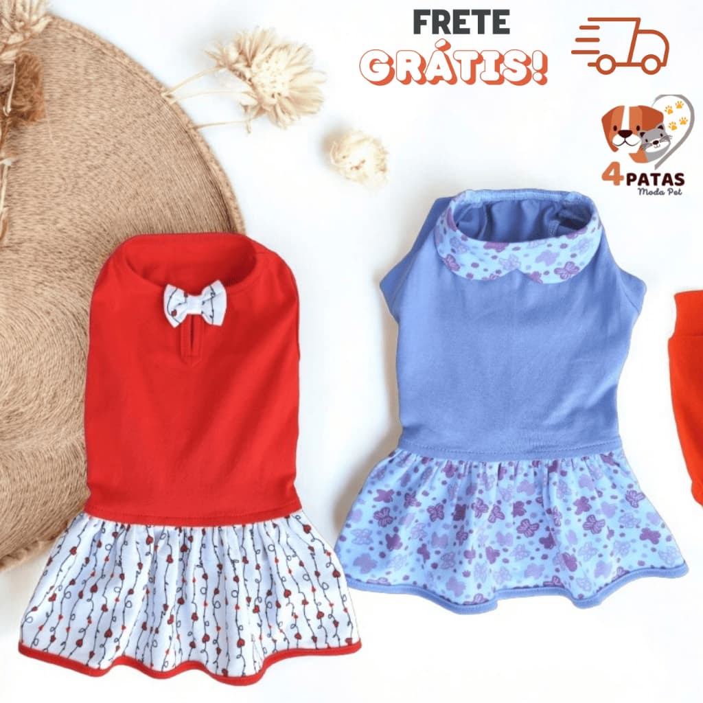 Vestido Pet Roupa de Cachorro Gato Femea Verão Confortavel  Moda Pet Fresquinho 4 Patas Moda Pet
